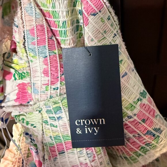 NWT Crown & Ivy Size Medium Smocked Midi Dress Floral Pink Green Sleeveless - Picture 6 of 10